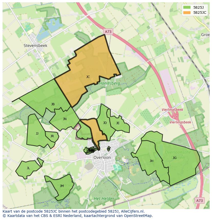 Afbeelding van het postcodegebied 5825 JC op de kaart.