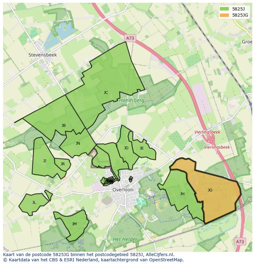 Afbeelding van het postcodegebied 5825 JG op de kaart.