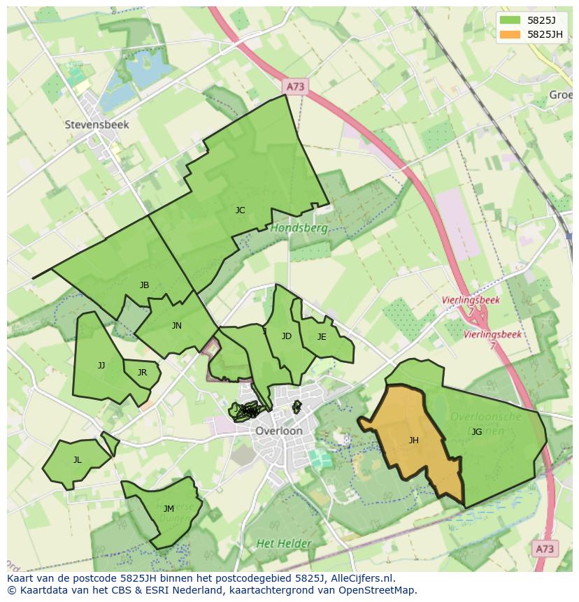 Afbeelding van het postcodegebied 5825 JH op de kaart.