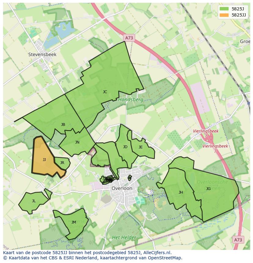 Afbeelding van het postcodegebied 5825 JJ op de kaart.