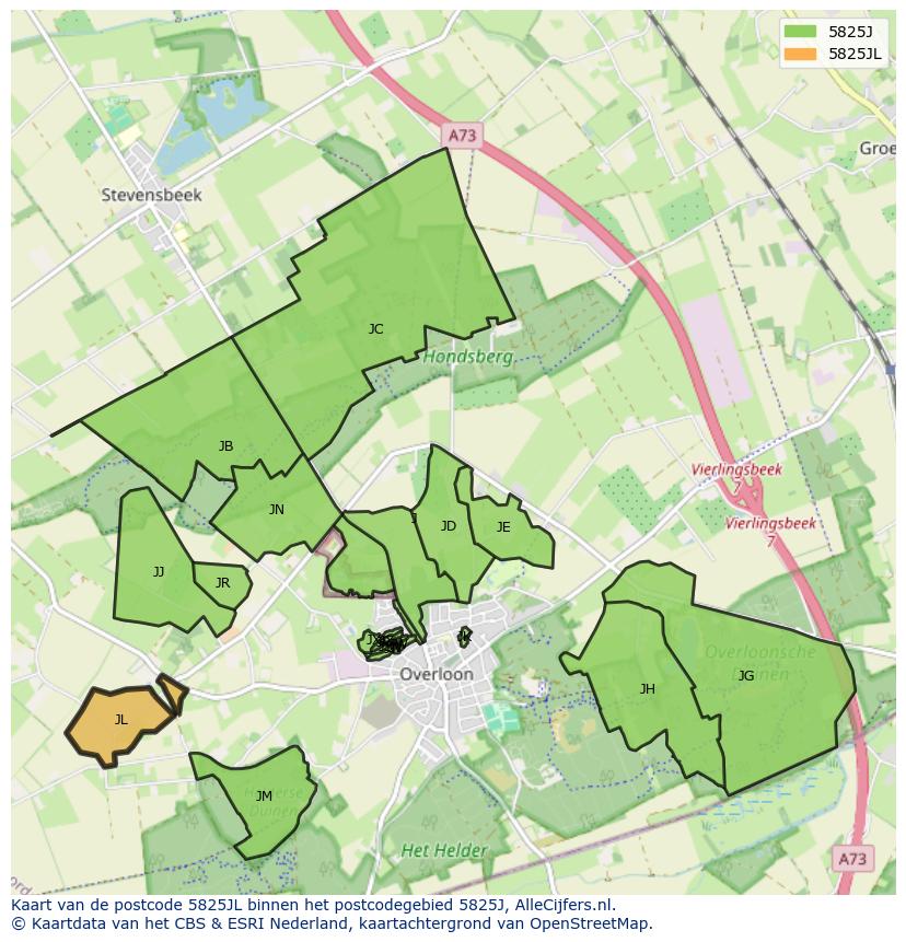Afbeelding van het postcodegebied 5825 JL op de kaart.