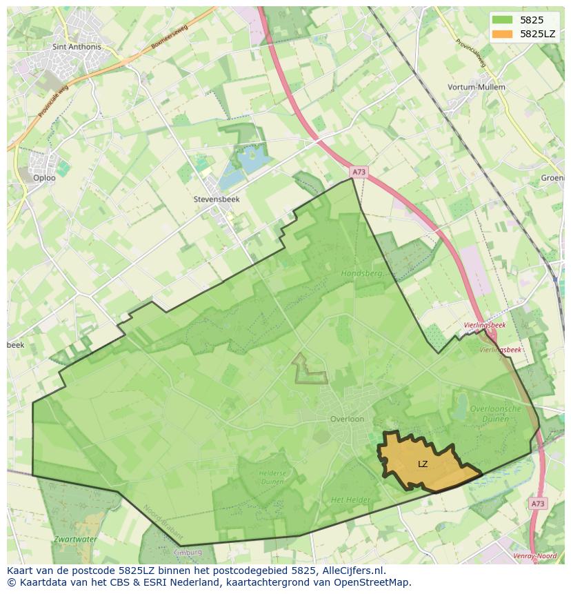 Afbeelding van het postcodegebied 5825 LZ op de kaart.