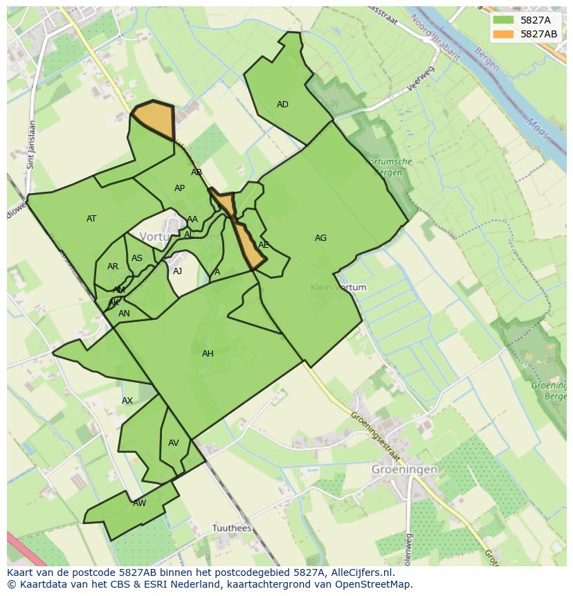 Afbeelding van het postcodegebied 5827 AB op de kaart.