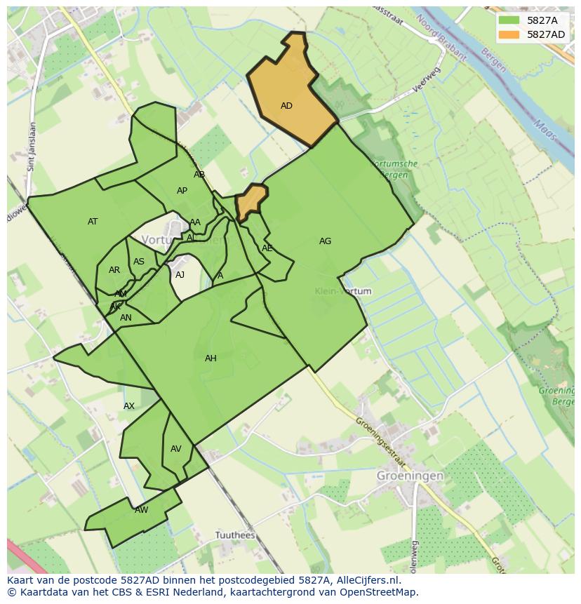 Afbeelding van het postcodegebied 5827 AD op de kaart.