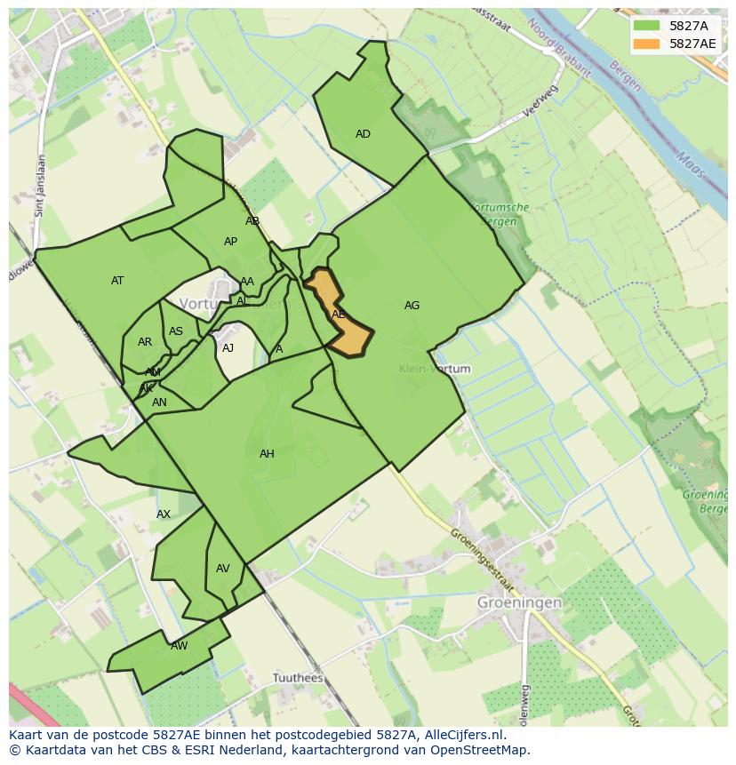 Afbeelding van het postcodegebied 5827 AE op de kaart.