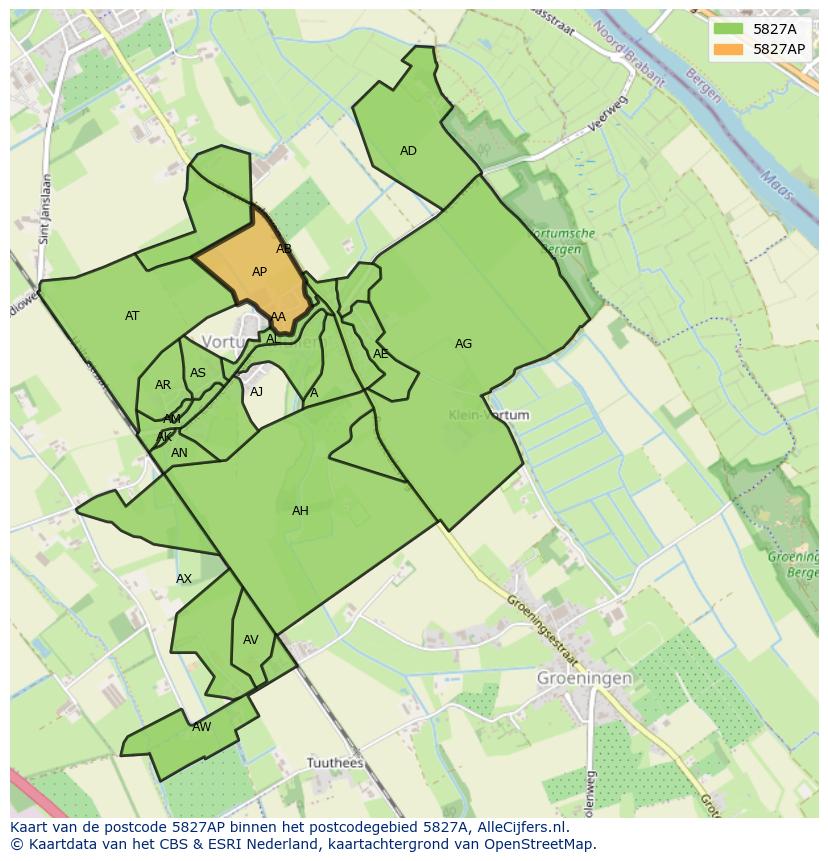 Afbeelding van het postcodegebied 5827 AP op de kaart.