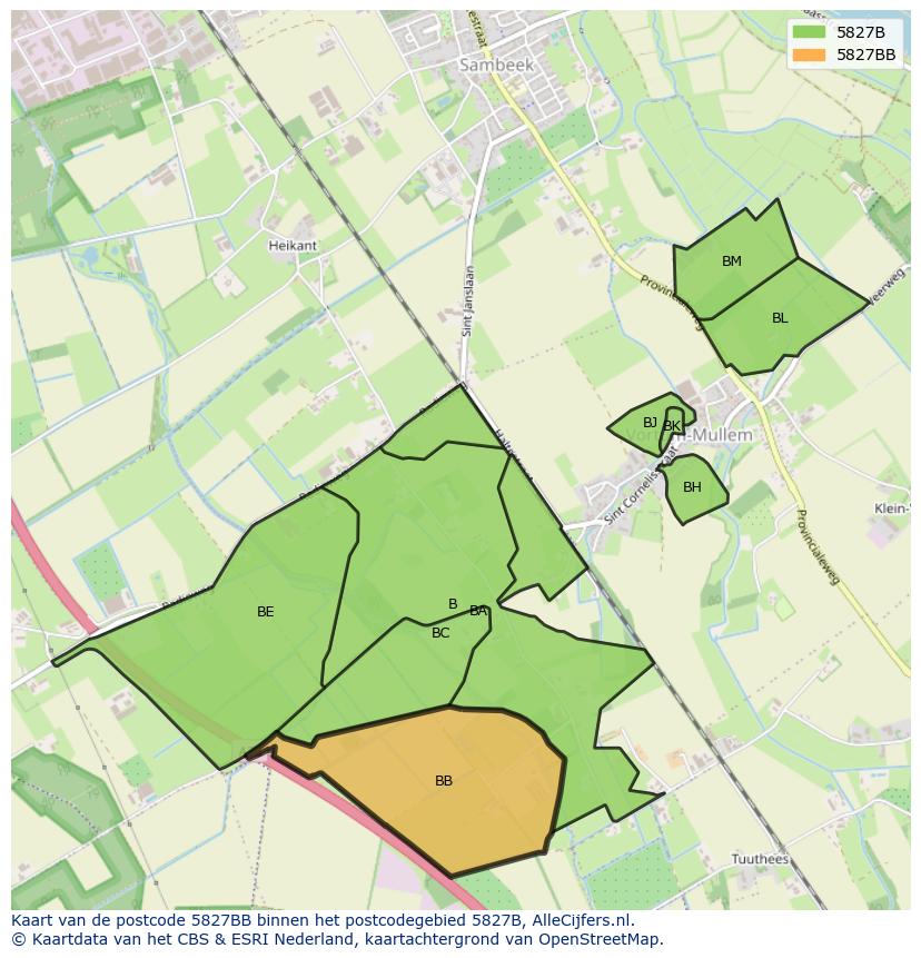 Afbeelding van het postcodegebied 5827 BB op de kaart.