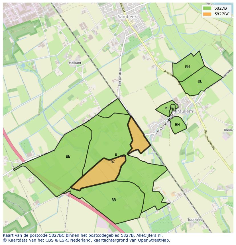 Afbeelding van het postcodegebied 5827 BC op de kaart.