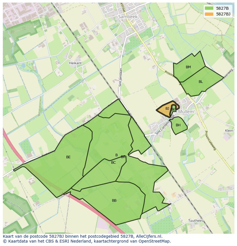 Afbeelding van het postcodegebied 5827 BJ op de kaart.