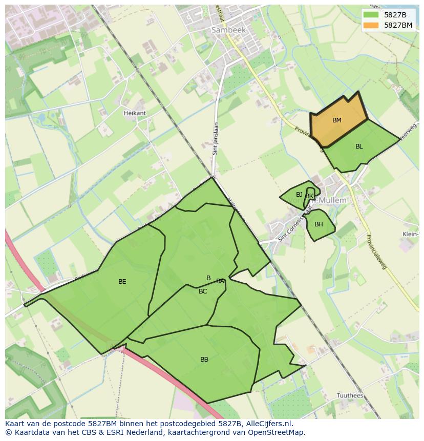 Afbeelding van het postcodegebied 5827 BM op de kaart.