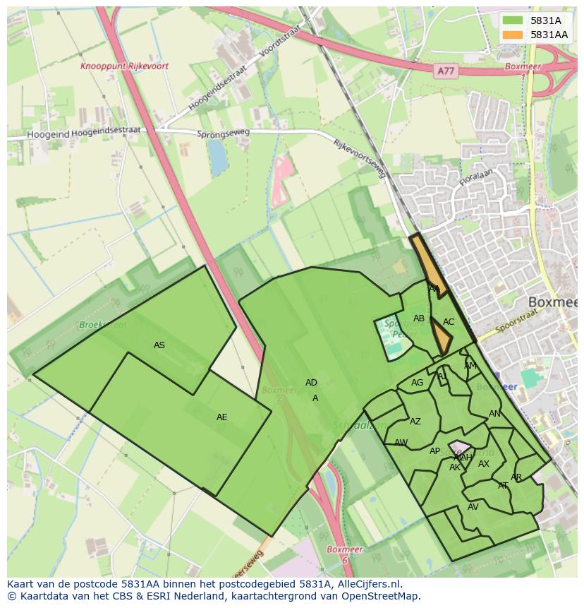 Afbeelding van het postcodegebied 5831 AA op de kaart.