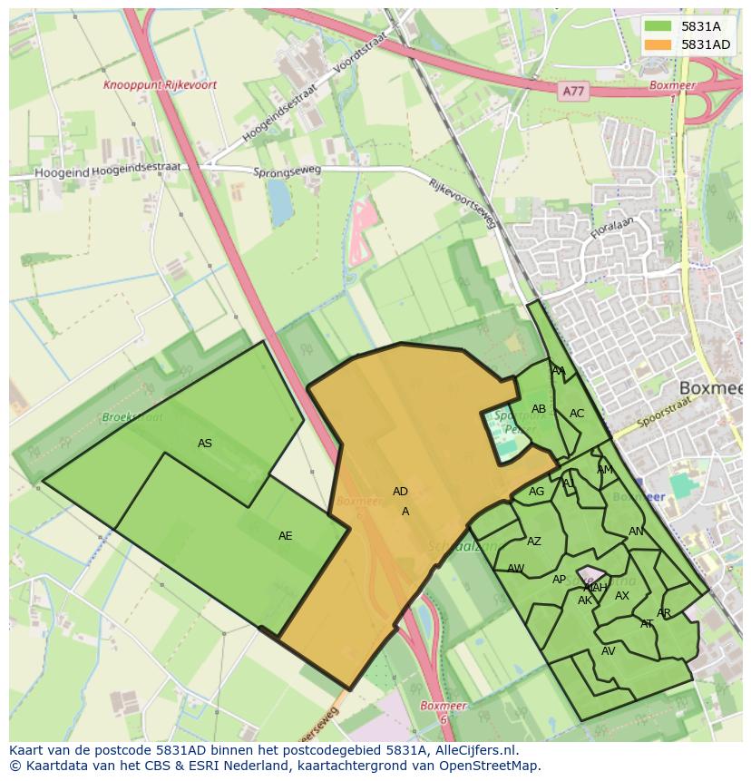 Afbeelding van het postcodegebied 5831 AD op de kaart.