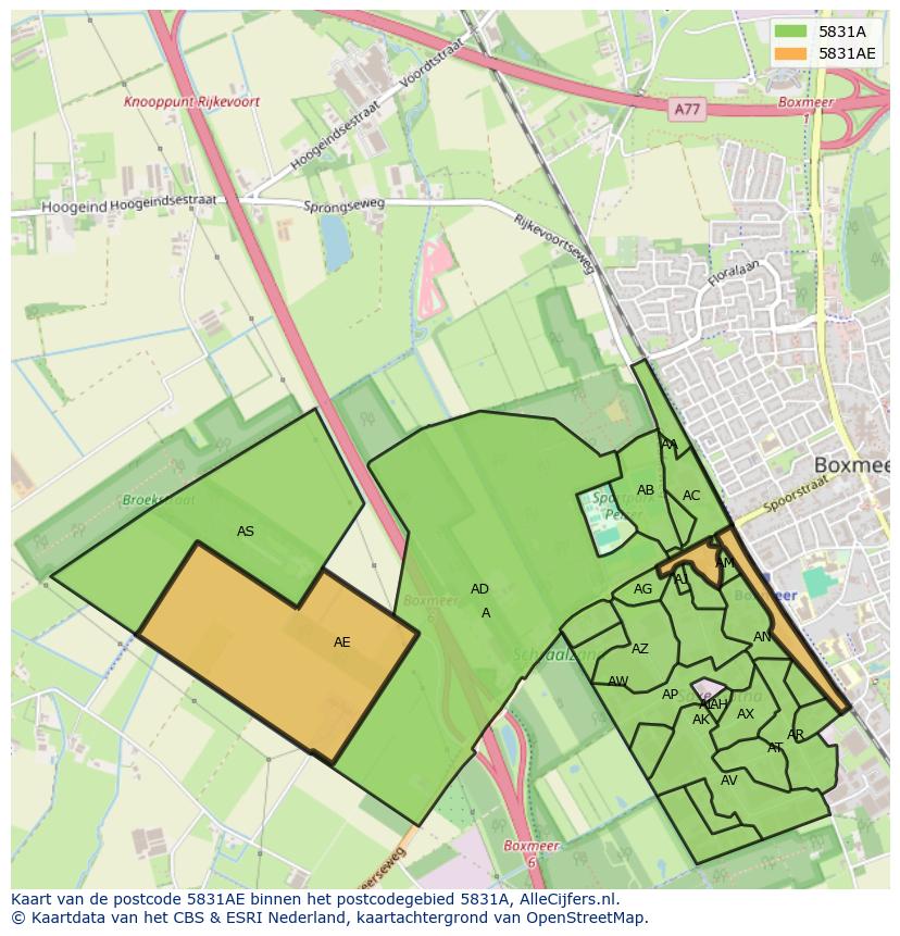 Afbeelding van het postcodegebied 5831 AE op de kaart.