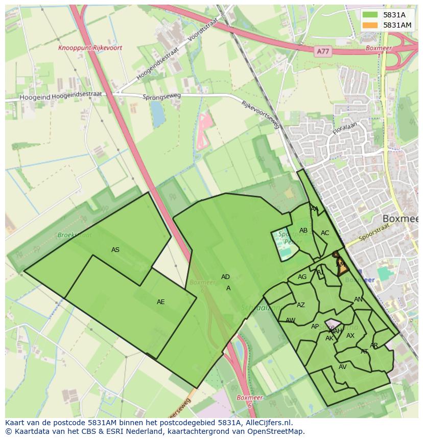 Afbeelding van het postcodegebied 5831 AM op de kaart.