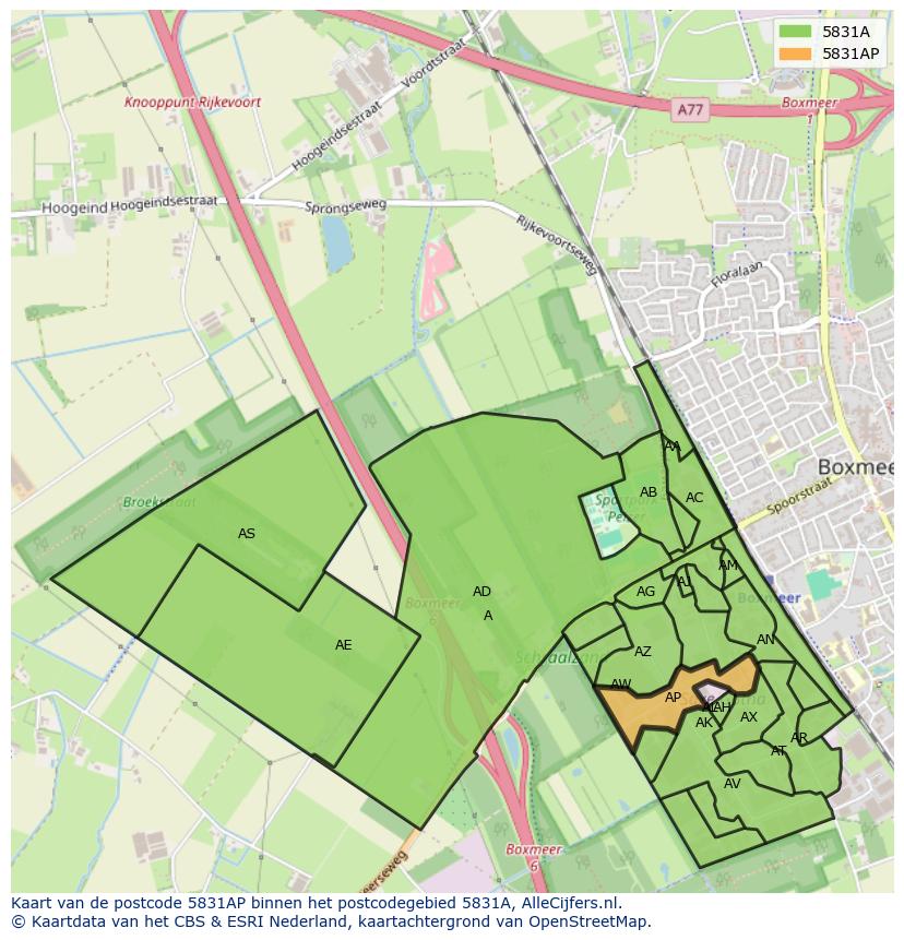 Afbeelding van het postcodegebied 5831 AP op de kaart.