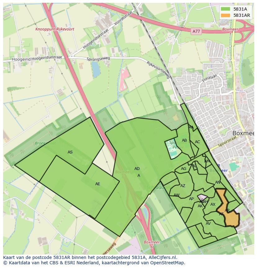 Afbeelding van het postcodegebied 5831 AR op de kaart.