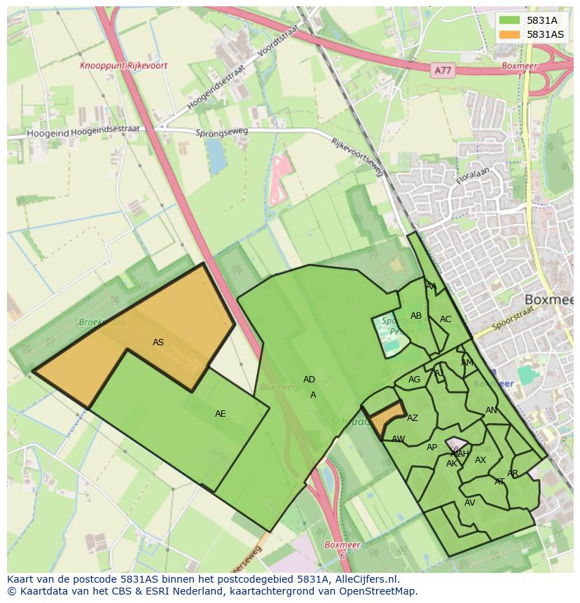 Afbeelding van het postcodegebied 5831 AS op de kaart.