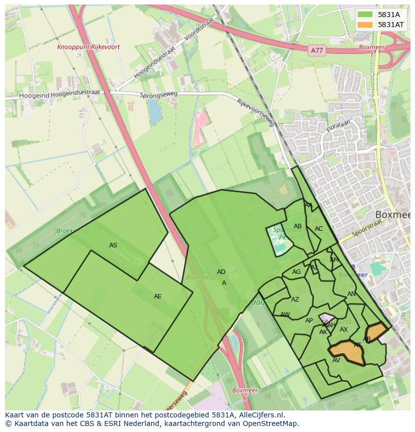 Afbeelding van het postcodegebied 5831 AT op de kaart.