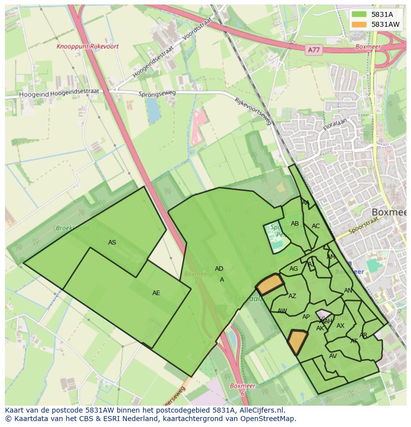 Afbeelding van het postcodegebied 5831 AW op de kaart.