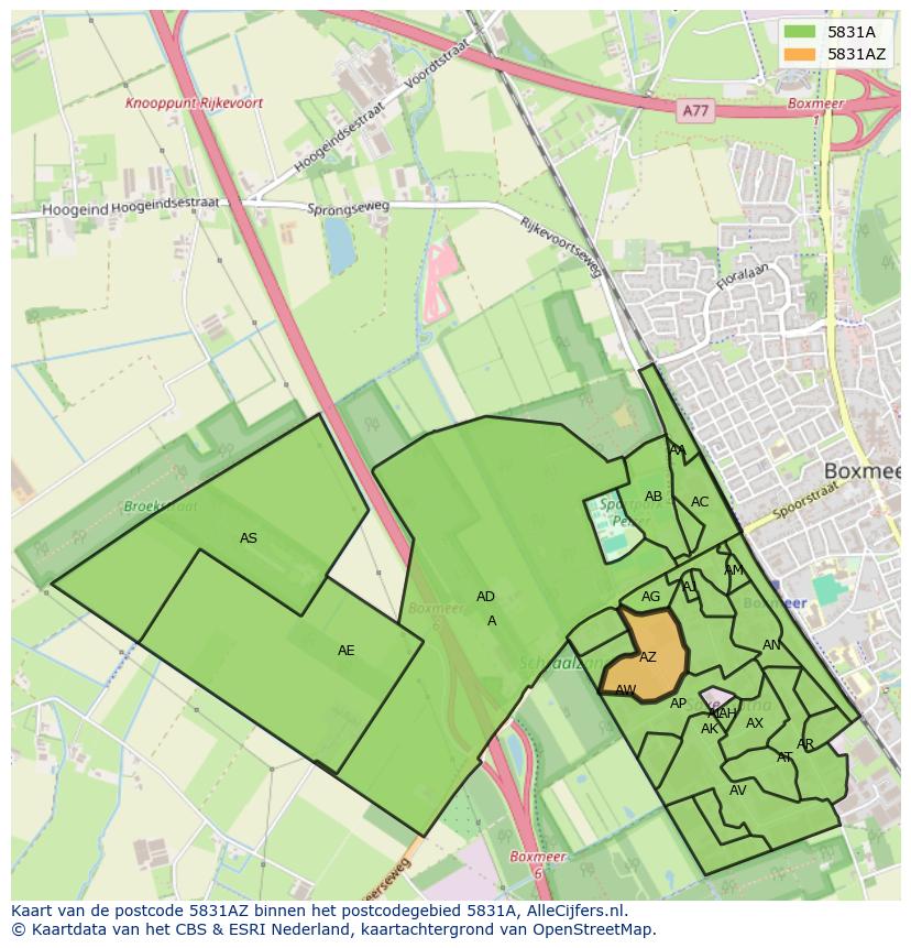 Afbeelding van het postcodegebied 5831 AZ op de kaart.