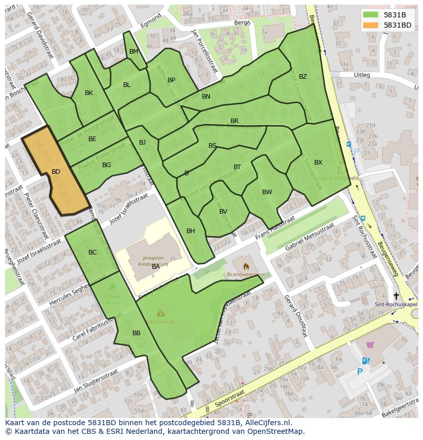Afbeelding van het postcodegebied 5831 BD op de kaart.