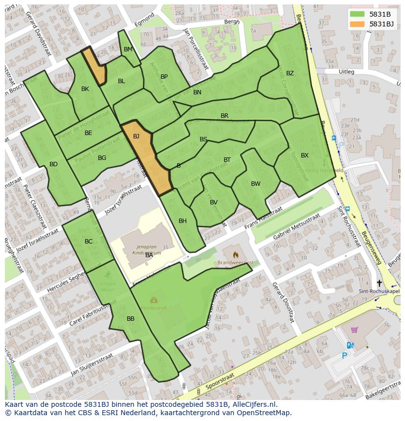 Afbeelding van het postcodegebied 5831 BJ op de kaart.