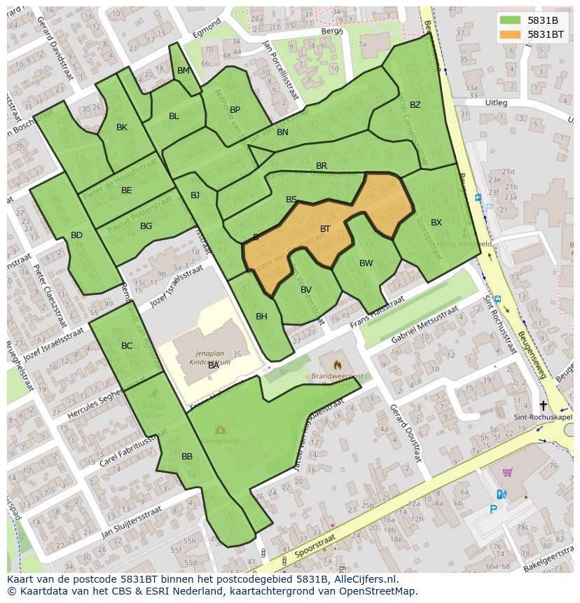 Afbeelding van het postcodegebied 5831 BT op de kaart.