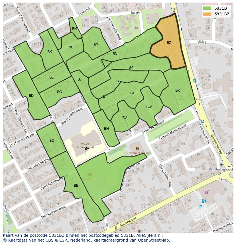 Afbeelding van het postcodegebied 5831 BZ op de kaart.
