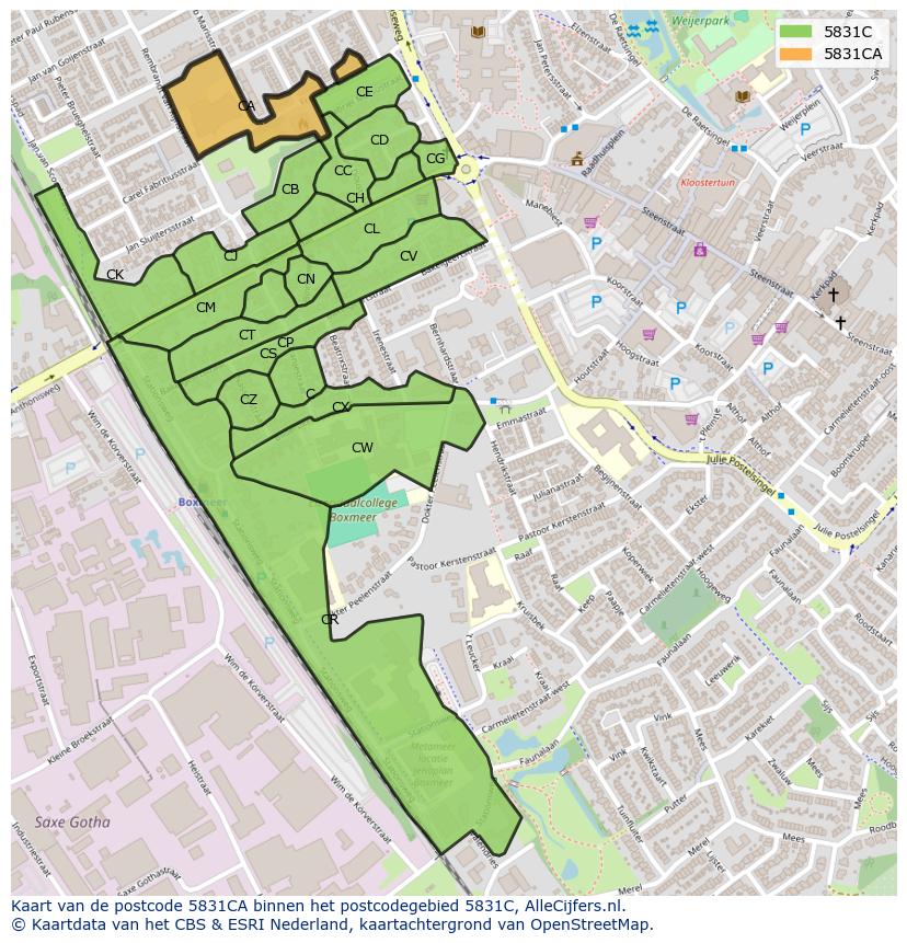Afbeelding van het postcodegebied 5831 CA op de kaart.