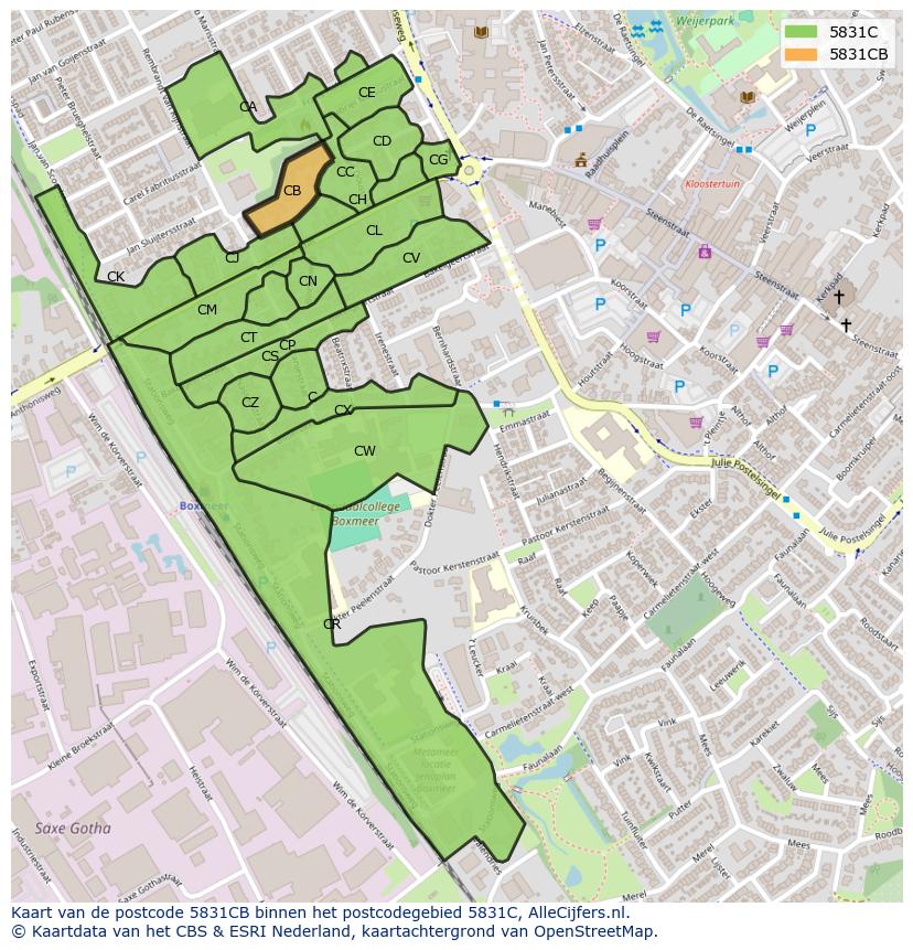 Afbeelding van het postcodegebied 5831 CB op de kaart.