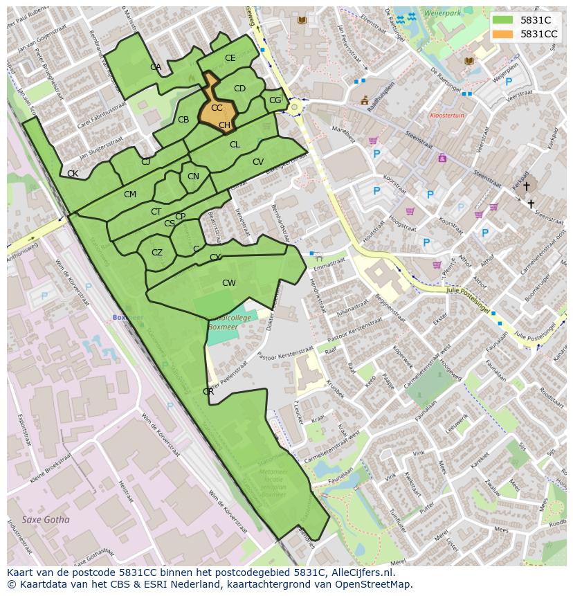 Afbeelding van het postcodegebied 5831 CC op de kaart.