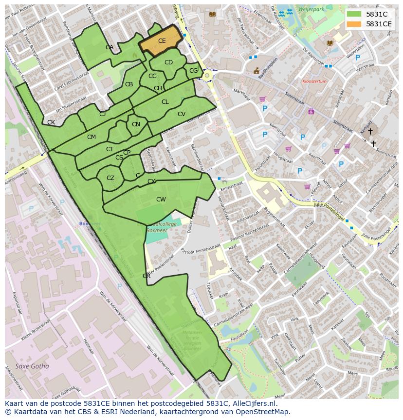 Afbeelding van het postcodegebied 5831 CE op de kaart.