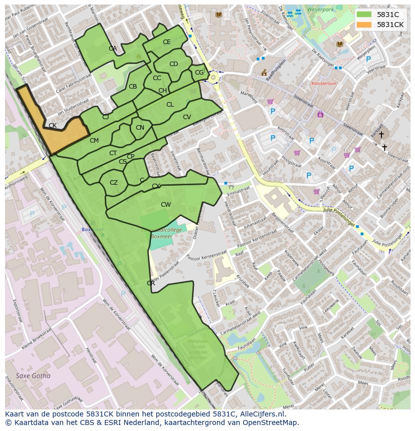 Afbeelding van het postcodegebied 5831 CK op de kaart.