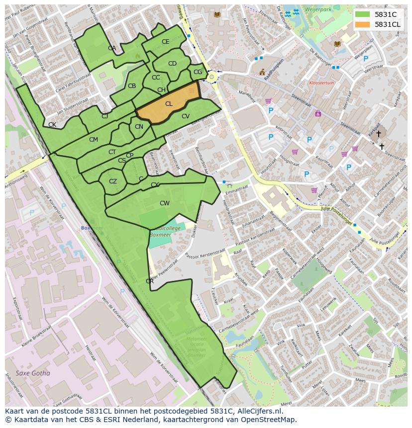 Afbeelding van het postcodegebied 5831 CL op de kaart.