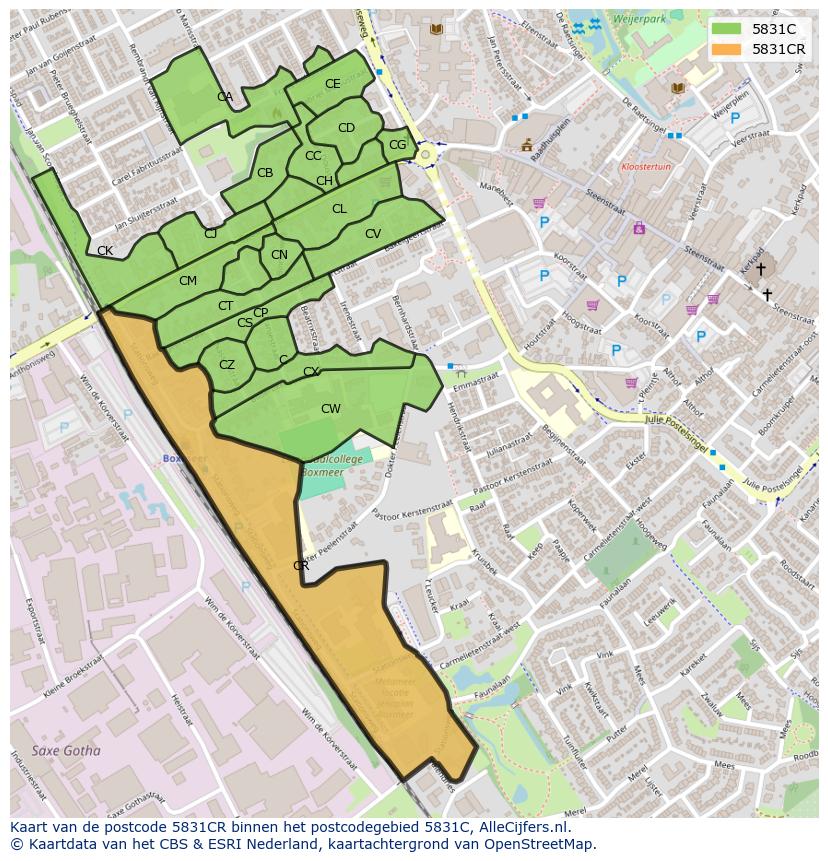 Afbeelding van het postcodegebied 5831 CR op de kaart.