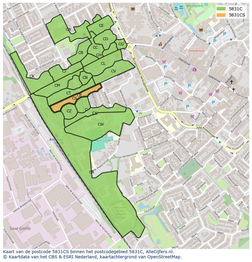 Afbeelding van het postcodegebied 5831 CS op de kaart.