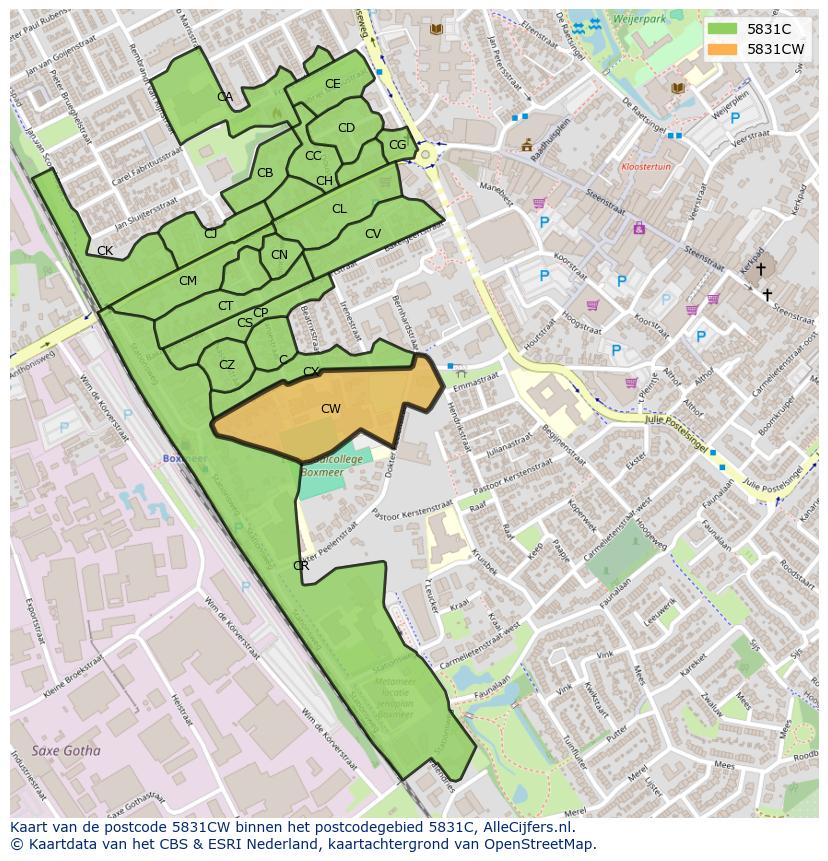 Afbeelding van het postcodegebied 5831 CW op de kaart.