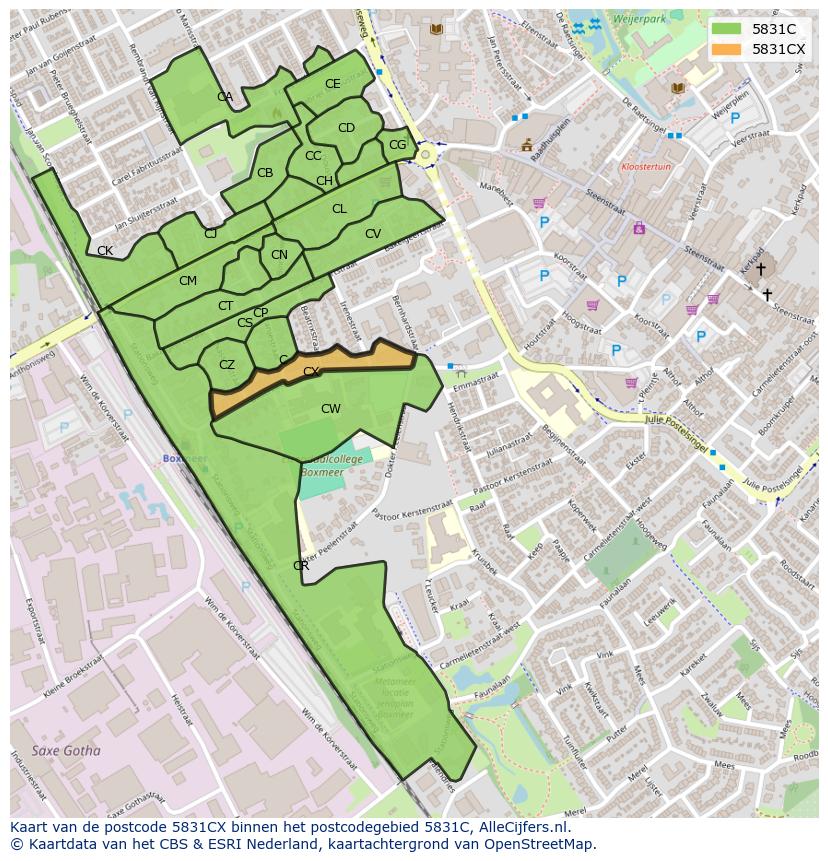 Afbeelding van het postcodegebied 5831 CX op de kaart.