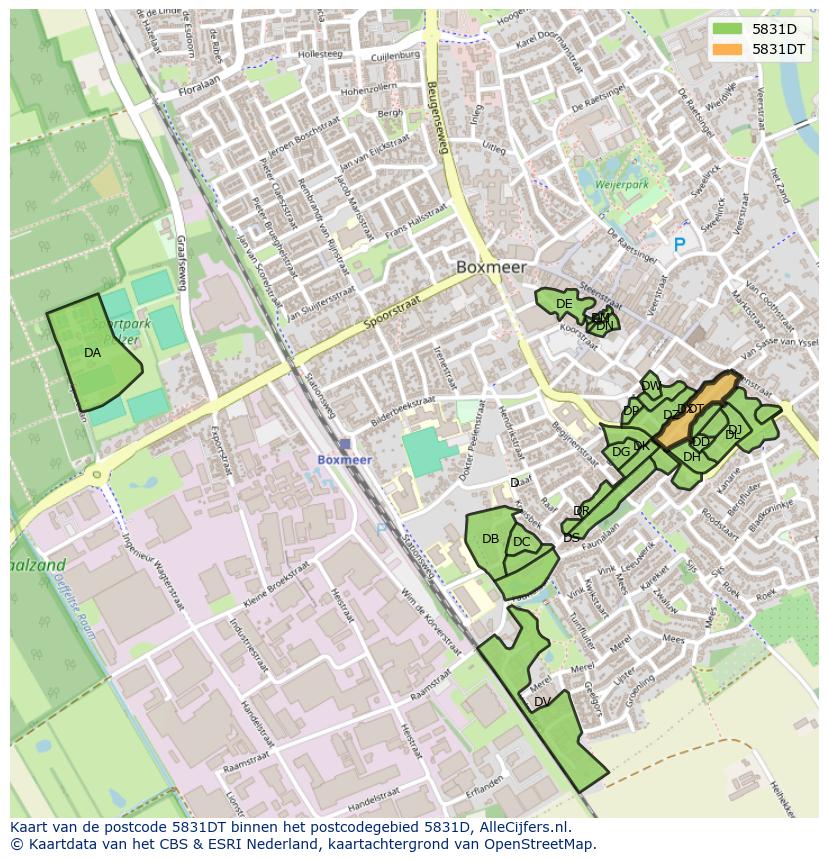 Afbeelding van het postcodegebied 5831 DT op de kaart.