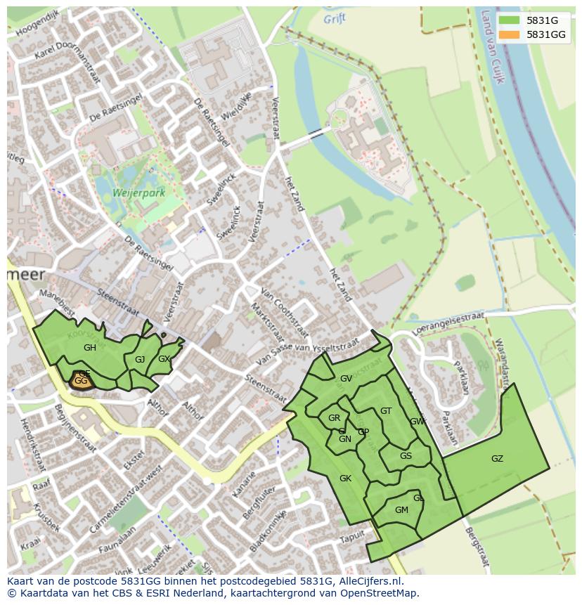 Afbeelding van het postcodegebied 5831 GG op de kaart.