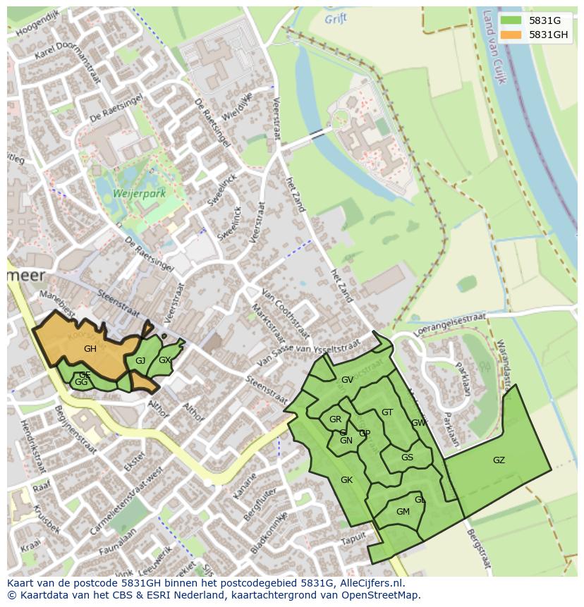 Afbeelding van het postcodegebied 5831 GH op de kaart.