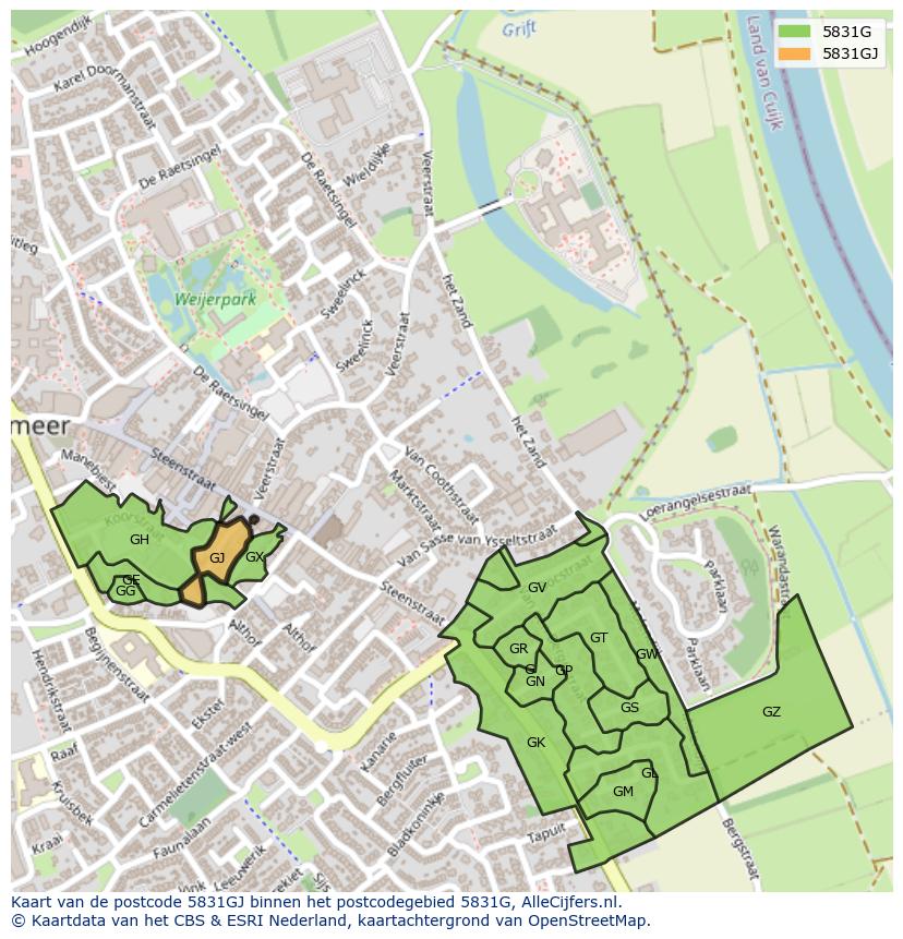 Afbeelding van het postcodegebied 5831 GJ op de kaart.