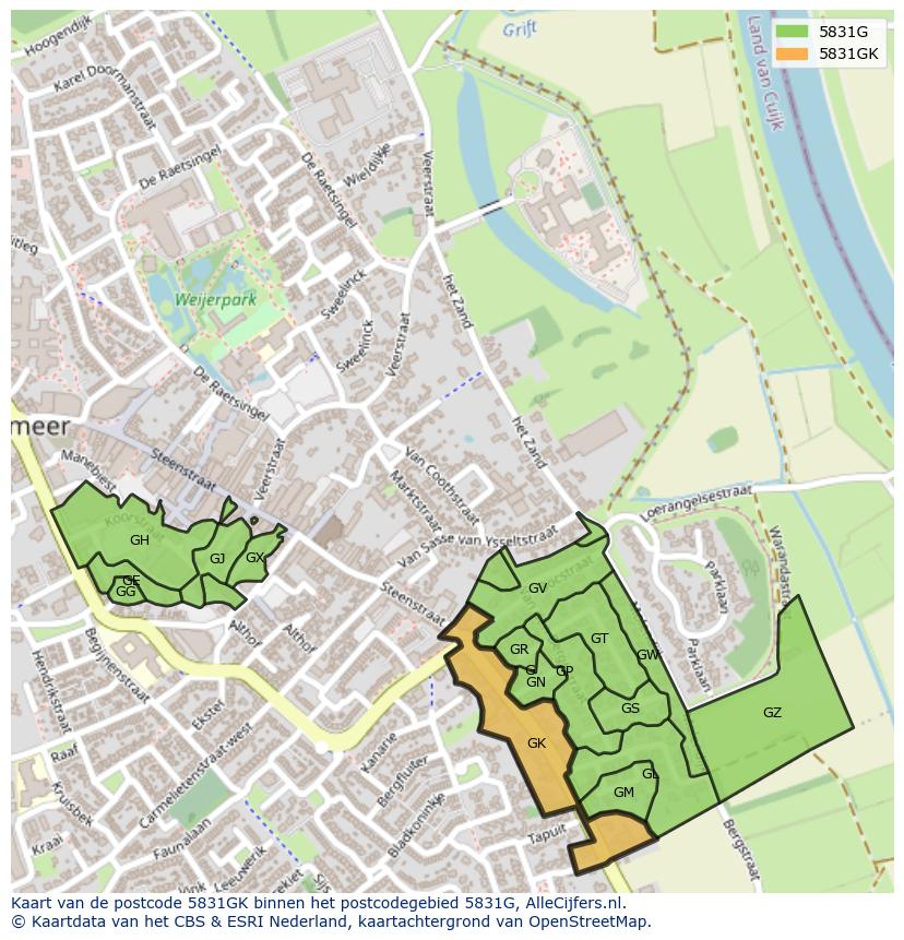 Afbeelding van het postcodegebied 5831 GK op de kaart.