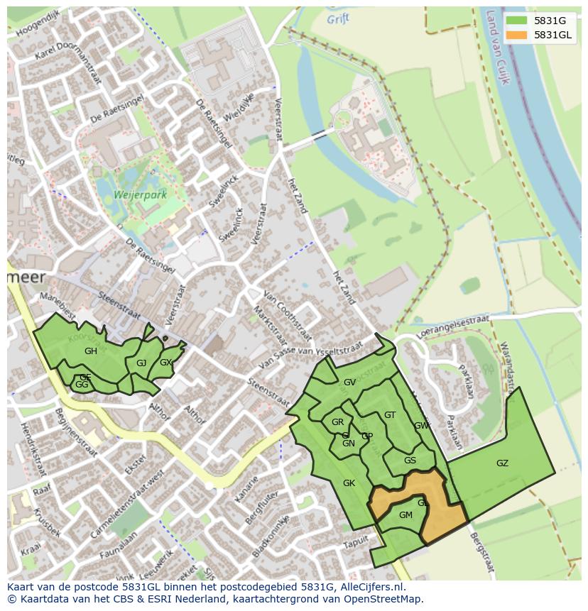 Afbeelding van het postcodegebied 5831 GL op de kaart.