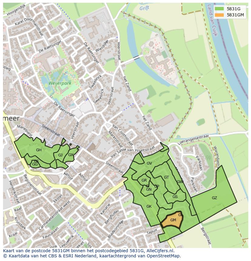 Afbeelding van het postcodegebied 5831 GM op de kaart.