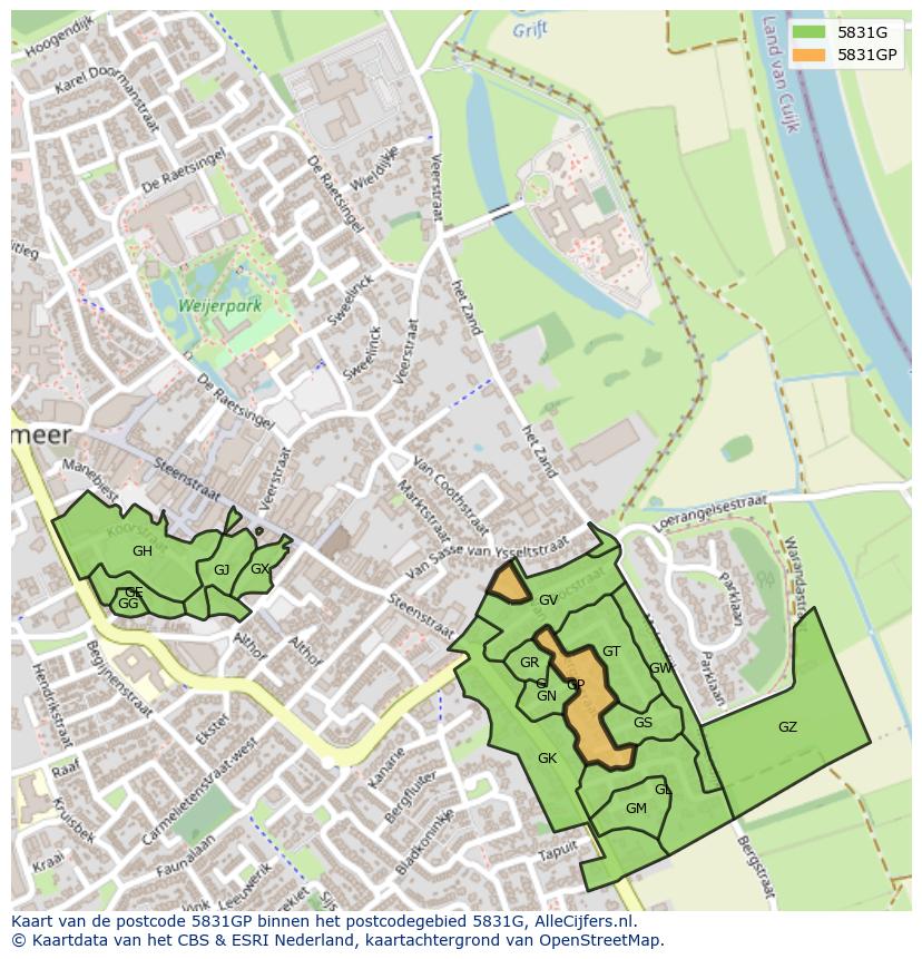 Afbeelding van het postcodegebied 5831 GP op de kaart.