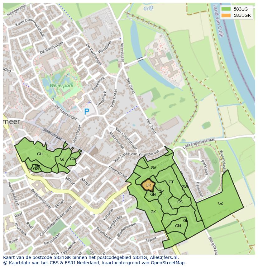 Afbeelding van het postcodegebied 5831 GR op de kaart.