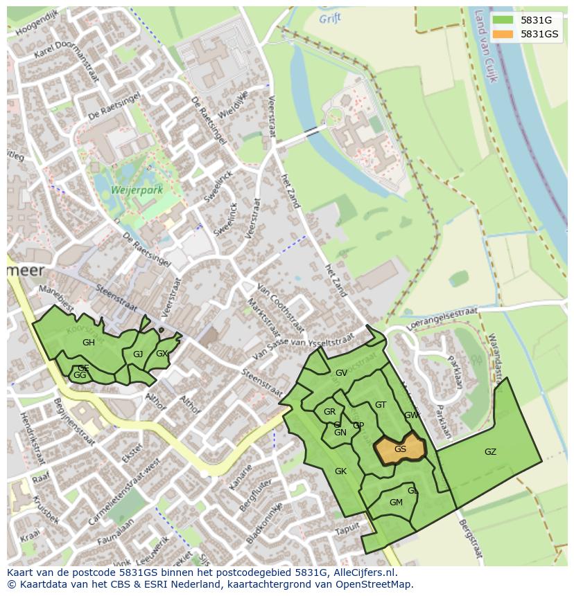 Afbeelding van het postcodegebied 5831 GS op de kaart.