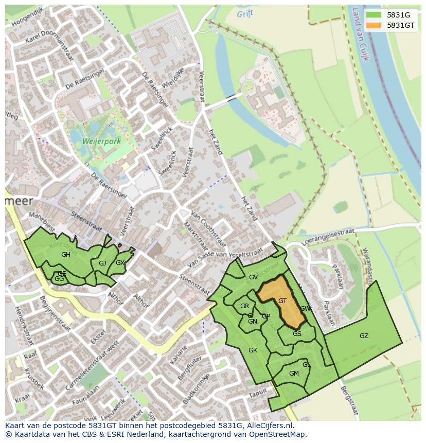 Afbeelding van het postcodegebied 5831 GT op de kaart.
