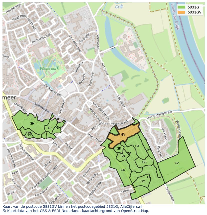 Afbeelding van het postcodegebied 5831 GV op de kaart.